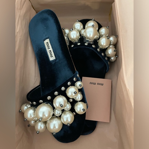 Miu Miu Velvet Pearl Slides Turquoise 36.5 - Picture 4 of 5